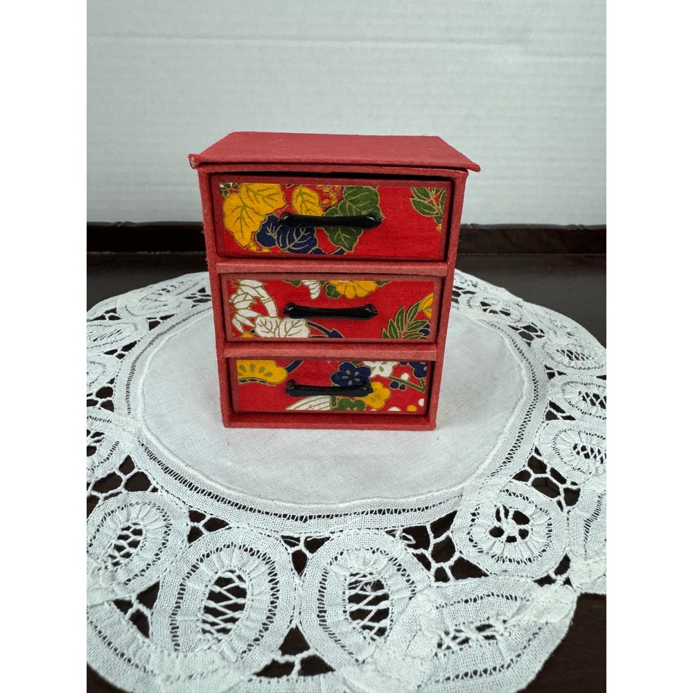 Vintage Japanese Washi Paper 3 Drawer Jewelry Box Red Floral Miniature Tansu Box